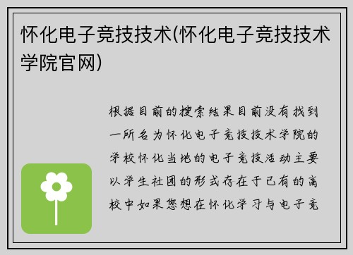 怀化电子竞技技术(怀化电子竞技技术学院官网)